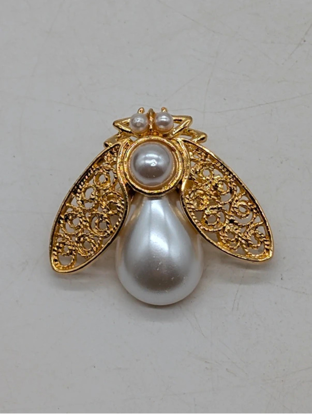 Vintage Faux Pearl Honeybee Fly Brooch Pin Gold Tone